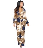 Autumn Print Button Up Formal Jumpsuit with Belt