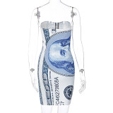 Summer Party Sexy Money Print Strapless Bodycon Dress