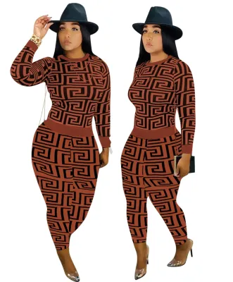 Autumn Casual Print Tight Shirt and Pants Set