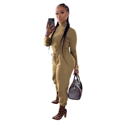 Autumn Casual Solid Plain Turtleneck Shirt and Track Pants Set