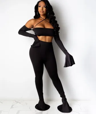 Autumn Solid Plain Party Crop Top and Bell Bottom Pants Set