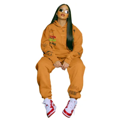 Autumn Print Loose Style Hoody Sweatsuit