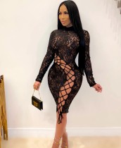 Autumn Party Black Lace-Up Sexy Lace Bodycon Dress