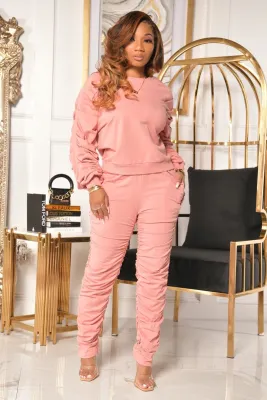 Autumn Casual Solid Color Ruched Shirt and Pants Set