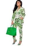 Autumn Retro Print Zipper Crop Top and High Waist Pants Set