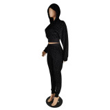 Autumn Sequins Black Crop Top and Pants Hoody Sweatsuit