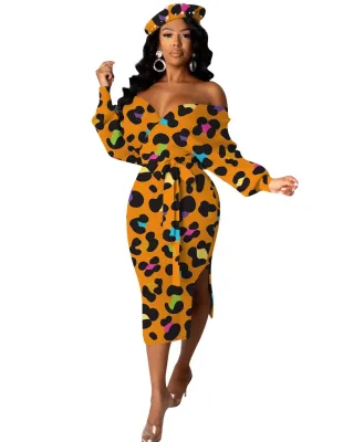 Autumn Bat Sleeves Print Sweetheart Slit Midi Dress