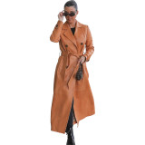 Winter Khaki Leather Long Coat with Matching Belt