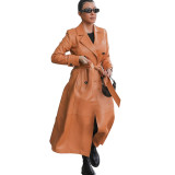 Winter Khaki Leather Long Coat with Matching Belt