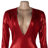Autumn Red Sequins V-Neck Party Midi Dress