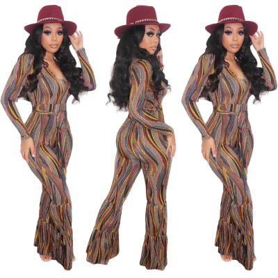Autumn Party Print Sexy V-Neck Flare Jumpsuit