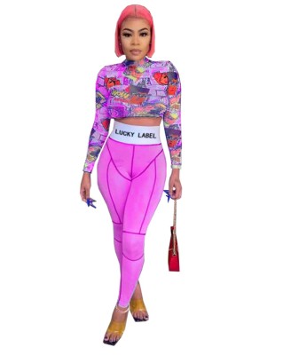 Autumn Party Colorful Print Crop Top and High Waist Legging Set