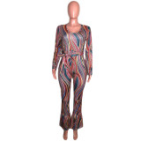 Autumn Party Print Sexy V-Neck Flare Jumpsuit