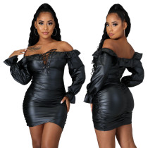 Winter Party Off Shoulder Lace Up Leather Scrunch Mini Dress