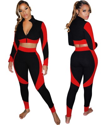 Autumn Matching Tight Contrast Zipper Crop Top and Pants Set