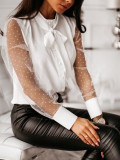 Autumn White Button Up Tied Blouse with Mesh Sleeves