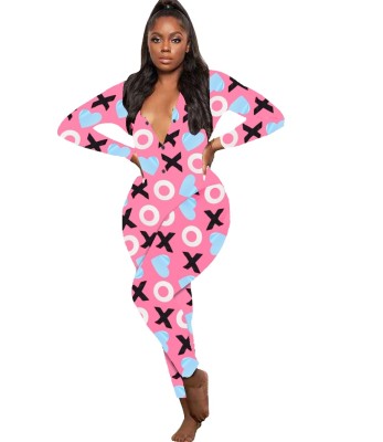 Autumn Heart Print Onesie Bodycon Jumpsuit