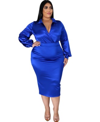 Plus Size Autumn Elegant Blue Bodysuit and Skirt Set