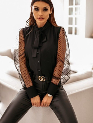 Autumn Black Button Up Tied Blouse with Mesh Sleeves