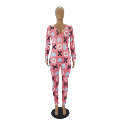 Autumn Heart Print Onesie Bodycon Jumpsuit