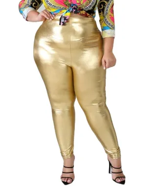 Plus Size Autumn Party Sexy Gold Leather Trousers