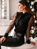 Autumn Black Button Up Tied Blouse with Mesh Sleeves