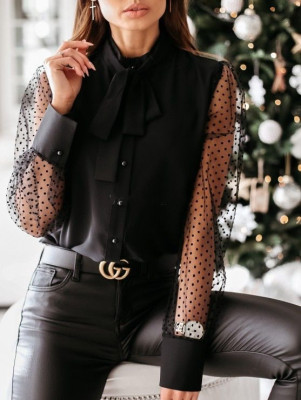 Autumn Black Button Up Tied Blouse with Mesh Sleeves