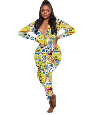 Autumn Cartoon Print Onesie Bodycon Jumpsuit