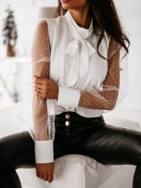 Autumn White Button Up Tied Blouse with Mesh Sleeves