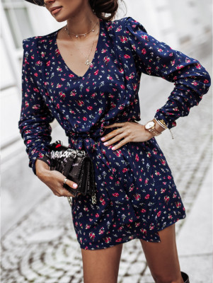 Autumn Elegant Floral V-Neck Mini Dress with Belt