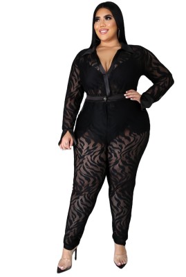 Plus Size Autumn Party Sexy Black Bodysuit and Pants Set