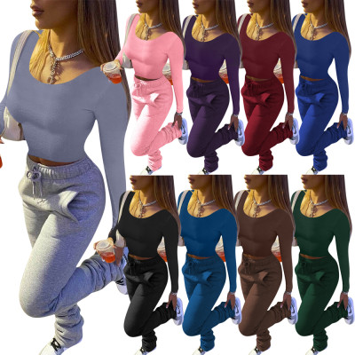 Winter Casual Solid Color Crop Top and Track Pants Set