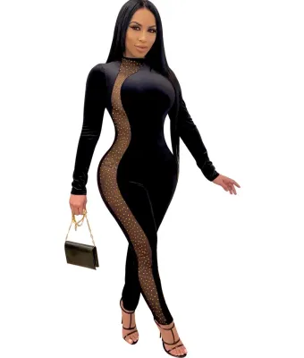 Autumn Party Black Sexy Patchwork Beaded Bodycon Jumpsuit