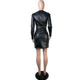 Winter Party Sexy V-Neck Black Leather Mini Dress with Belt