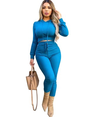 Autumn Casual Ribbed Hoody Crop Top and Pants Set