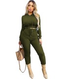 Autumn Casual Ribbed Hoody Crop Top and Pants Set