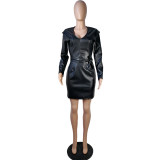 Winter Party Sexy V-Neck Black Leather Mini Dress with Belt