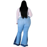Plus Size Winter High Waist Contrast Ripped Flare Jeans