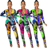 Autumn Party Print Colorful Jumpsuit with Matching Face Cover