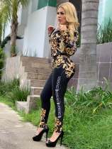 Autumn Gold and Black Retro Print Blouse and Pants Set