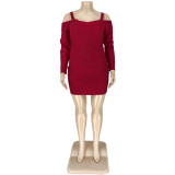 Plus Size Autumn Red Knitting Strap Bodycon Dress