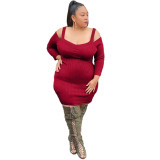 Plus Size Autumn Red Knitting Strap Bodycon Dress