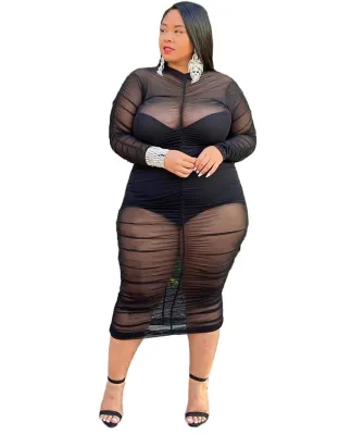 Plus Size Long Sleeve Black See Through Mesh Club Dress