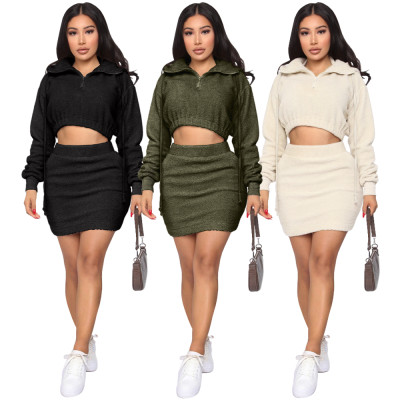 Winter Solid Plain Plush Crop Top and Mini Skirt Set