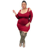 Plus Size Autumn Red Knitting Strap Bodycon Dress