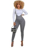 Autumn White Shirt and Plaid Print Suspender Pants Set