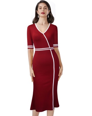 Autumn Solid Plain Vintage V-Neck Fishtail Office Midi Dress