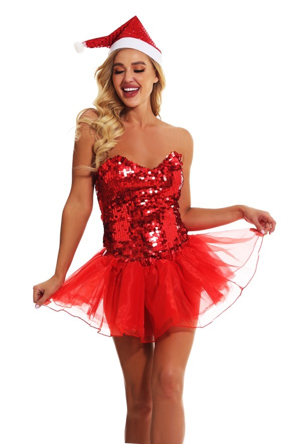 Christmas Party Sexy Sequins Tutu Dress and Hat Set