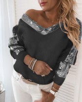 Autumn Sequins V-Neck Plush Shirt