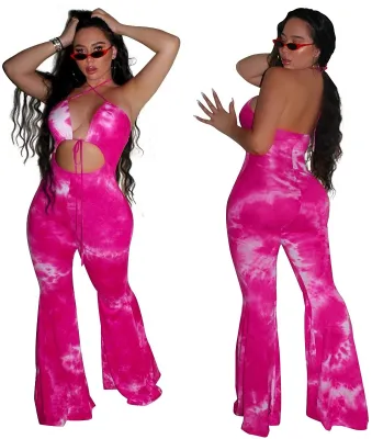 Party Tie Dye Print Low Back Halter Flare Jumpsuit